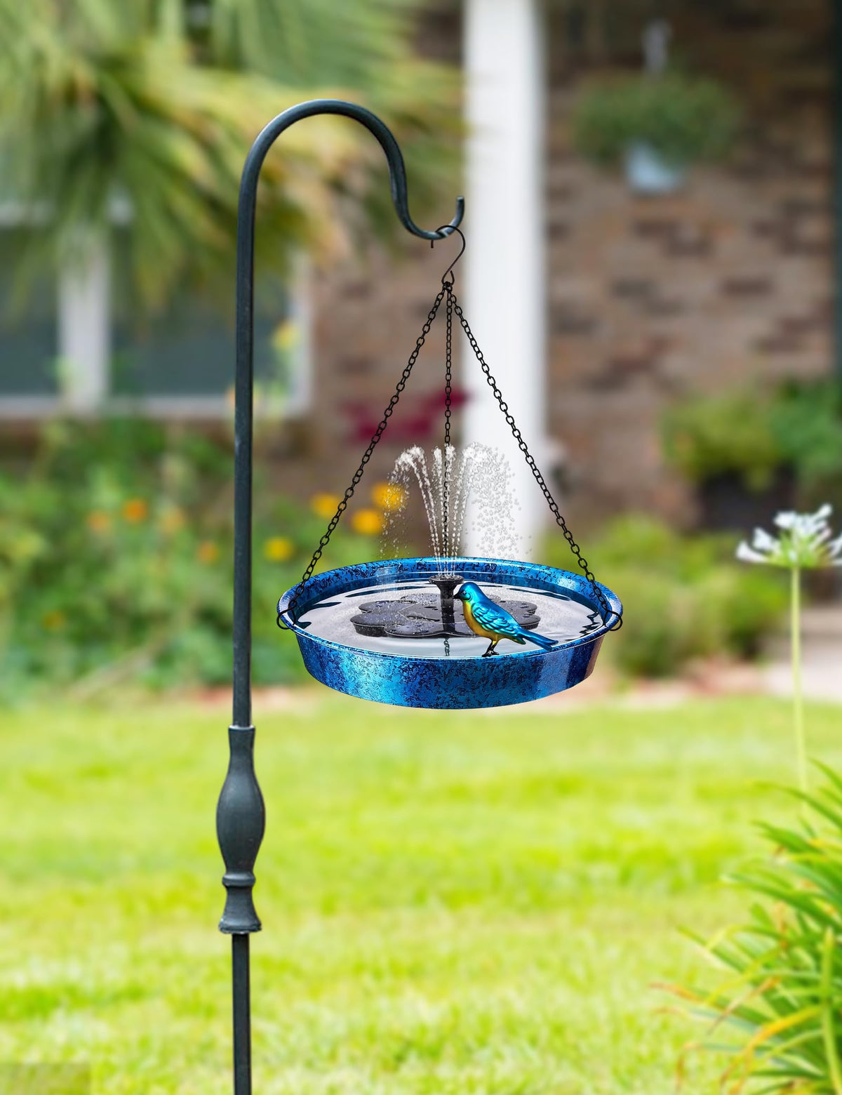 JiubinArt metal bird bath feeder garden decor in a yard setting.