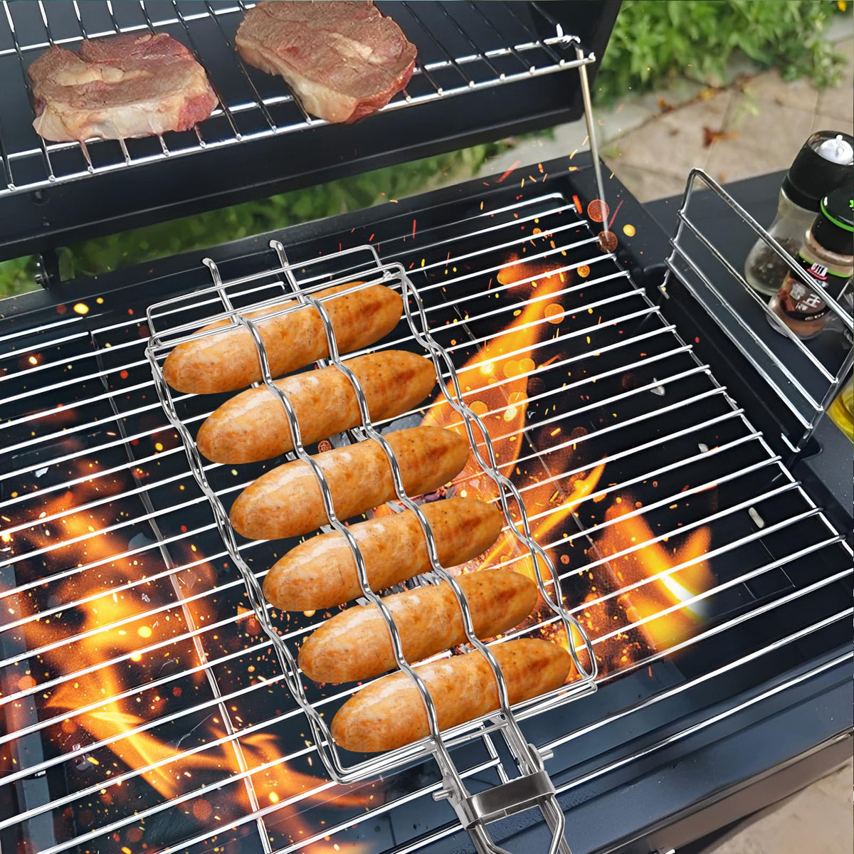 JIUCAN foldable grill basket with lockable handle for secure flipping.