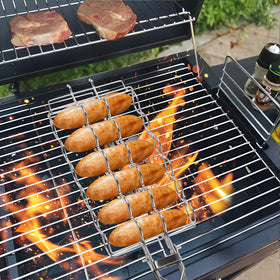 JIUCAN foldable grill basket with lockable handle for secure flipping.