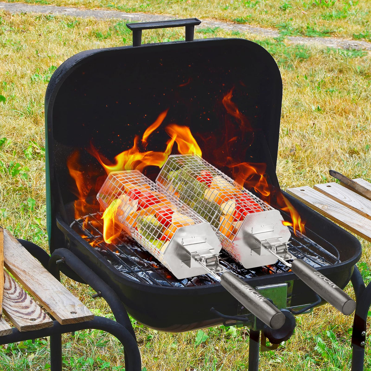 JIUCAN grill baskets versatile use for vegetables, seafood, and small meats