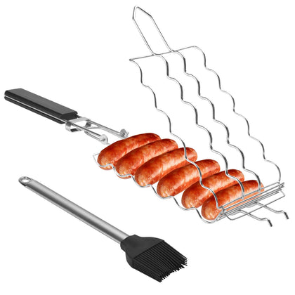 JIUCAN hot dog holders grill basket with six sausages for even cooking.
