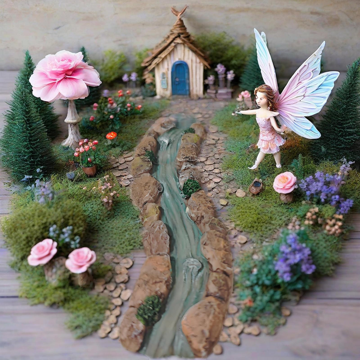 JIUMO curved mini stream pairs with ponds and bridges in dollhouse scenes