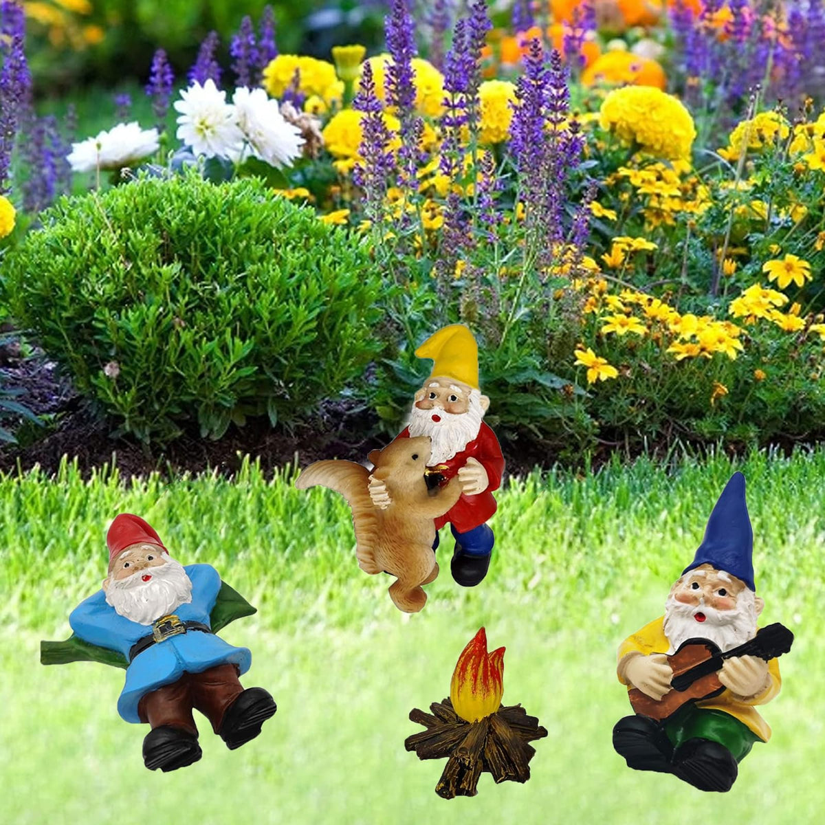 JIUMO gnomes as plant pot ornaments in bright display