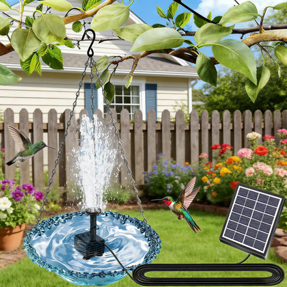 JIYANMEI solar bird bath hanging fountain bowl enhances garden ambiance in sun.