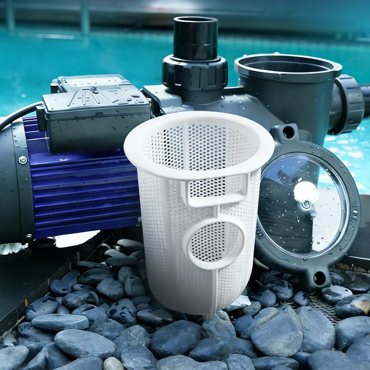 JIYIZO strainer basket being installed on a Hayward pump for easy replacement.