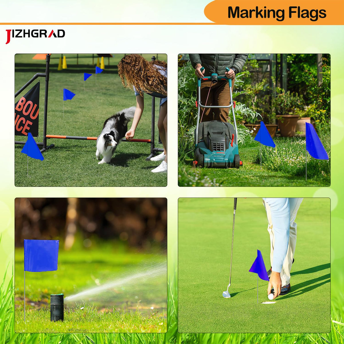 JIZHGRAD multi-use flags work for sprinkler layouts, landscaping, and surveys