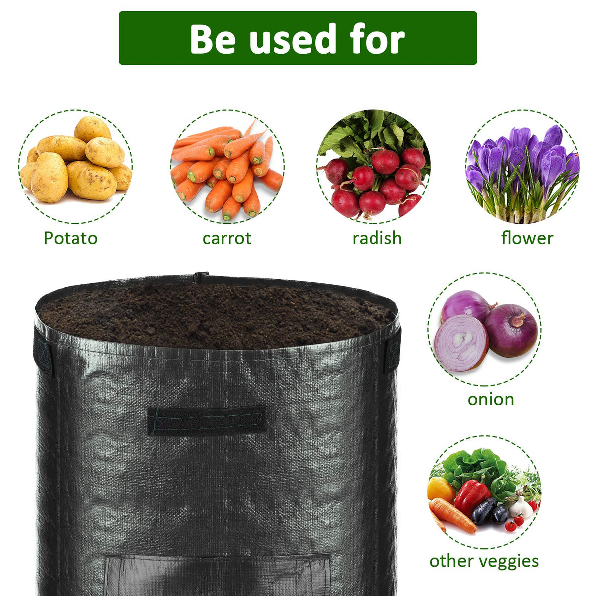 JJGoo planting bag in use for potatoes and onions in small spaces.