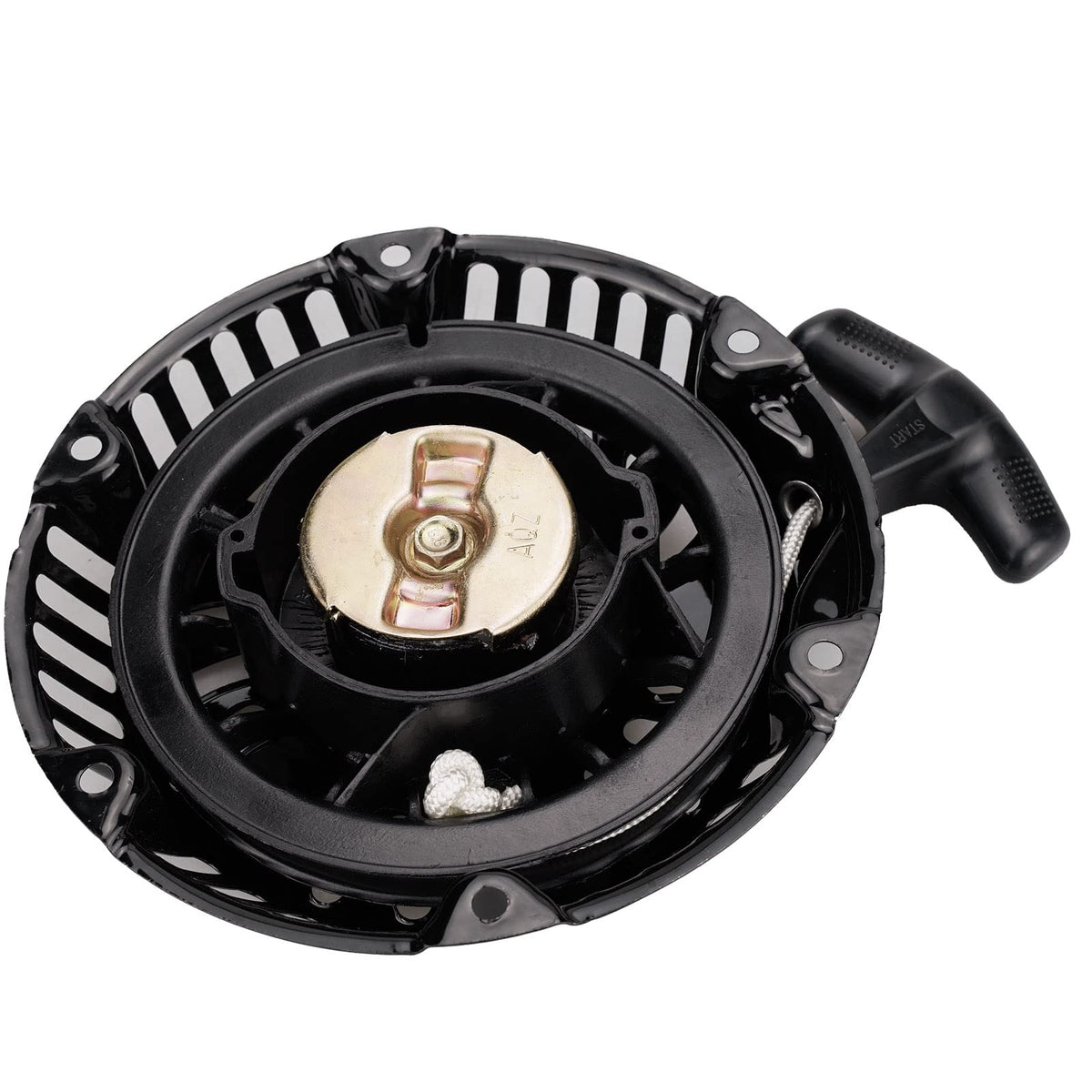 JJing Predator 212cc recoil starter pulley and cord close-up for smooth operation.