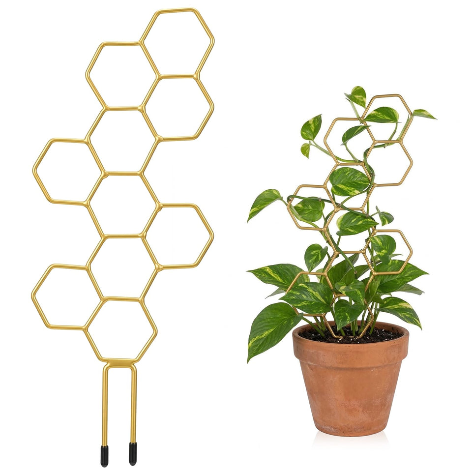 JJUNW Plant Trellis Indoor with gold finish supports climbing vines in pots.