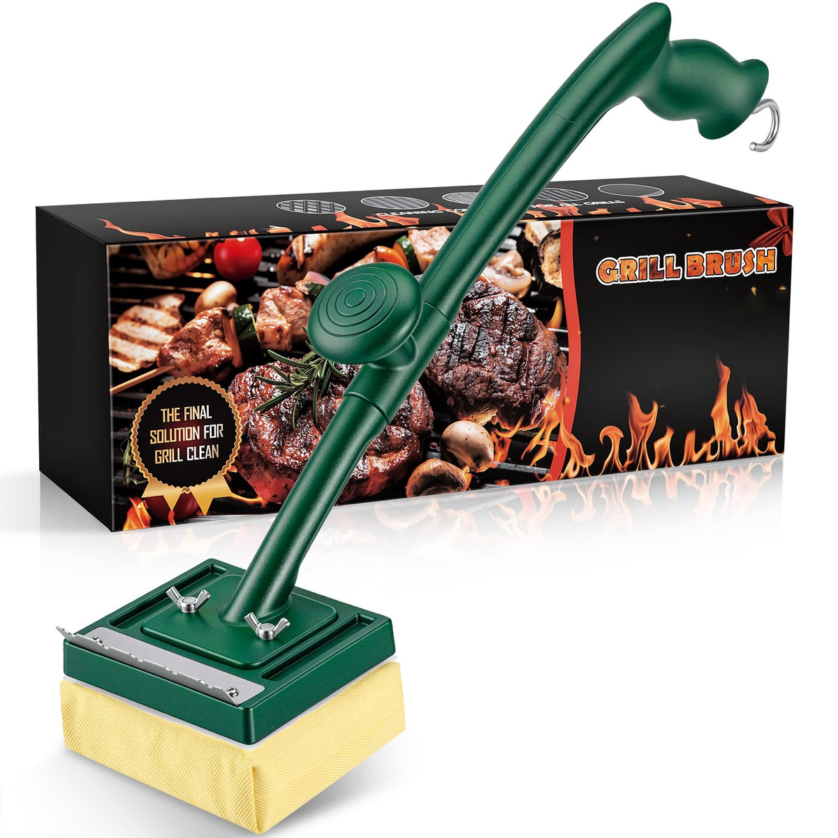 Jkoeier bristle-free grill brush with steam scraper in action for fast grease removal