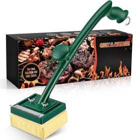 Jkoeier bristle-free grill brush with steam scraper in action for fast grease removal