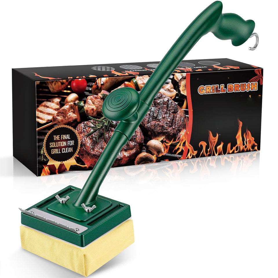 Jkoeier bristle-free grill brush with steam scraper in action for fast grease removal