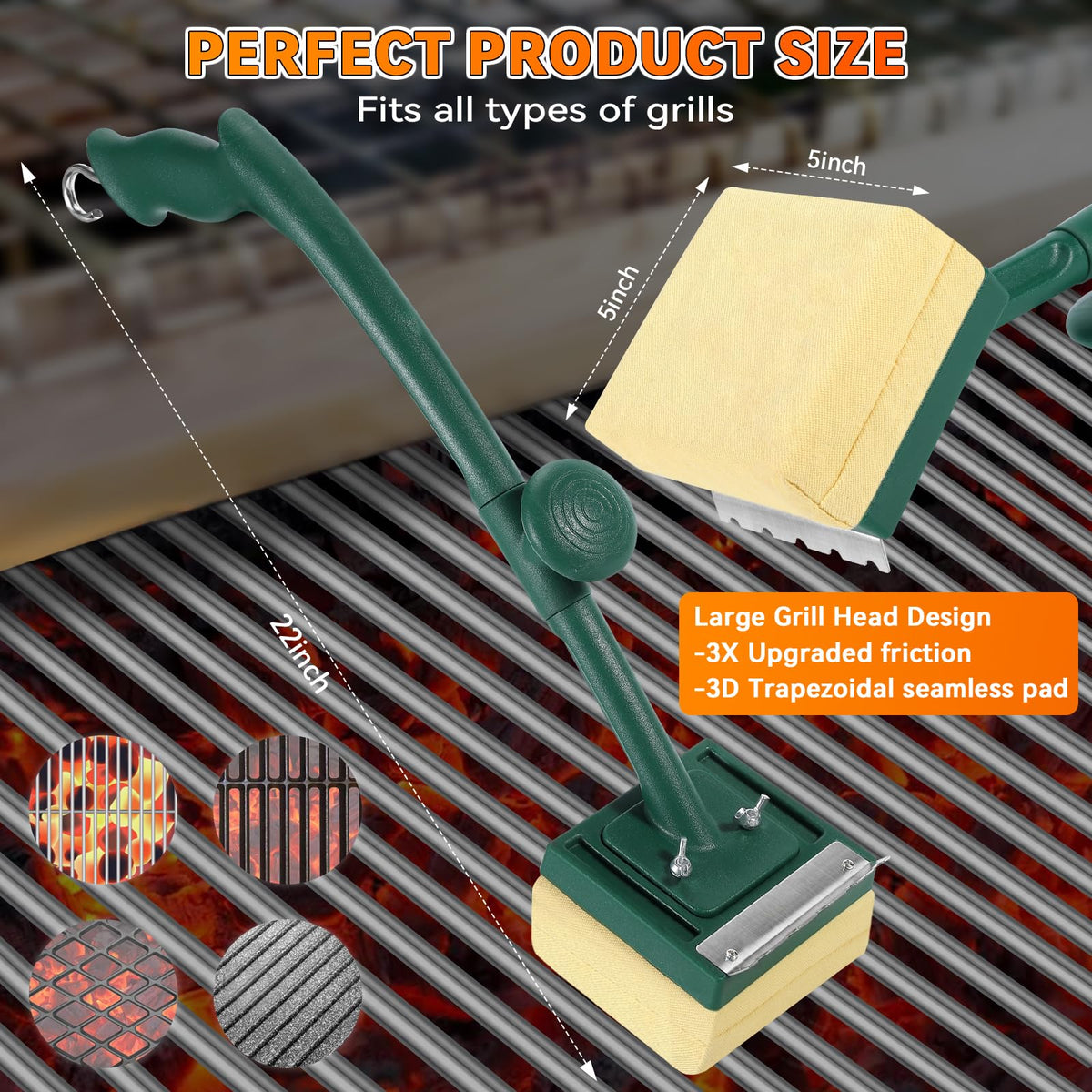 Jkoeier bristle-free grill brush wide W-scraper cleans tough residues efficiently