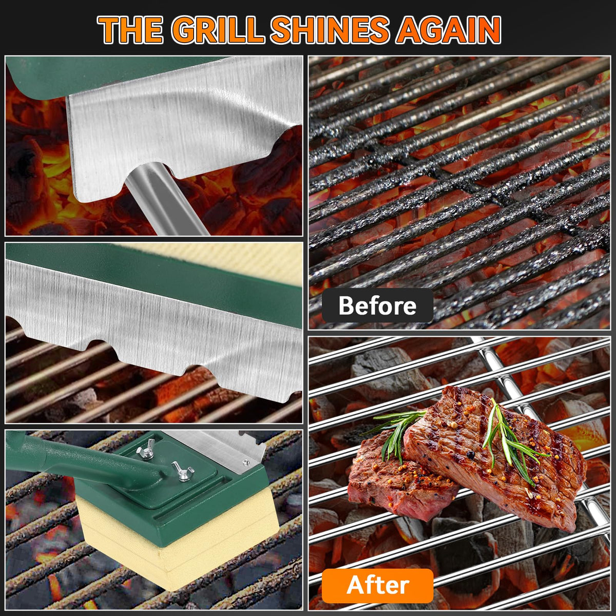 Jkoeier grill brush compatible with ceramic, gas, charcoal grills and stainless steel
