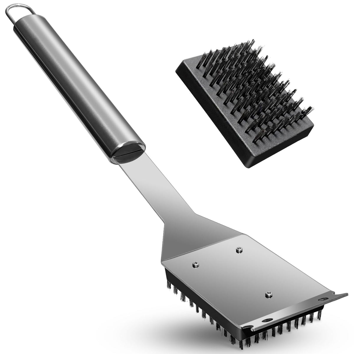 JLiup BBQ brush with stainless handle ready for quick, efficient grill grate cleaning.