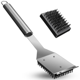 JLiup BBQ brush with stainless handle ready for quick, efficient grill grate cleaning.