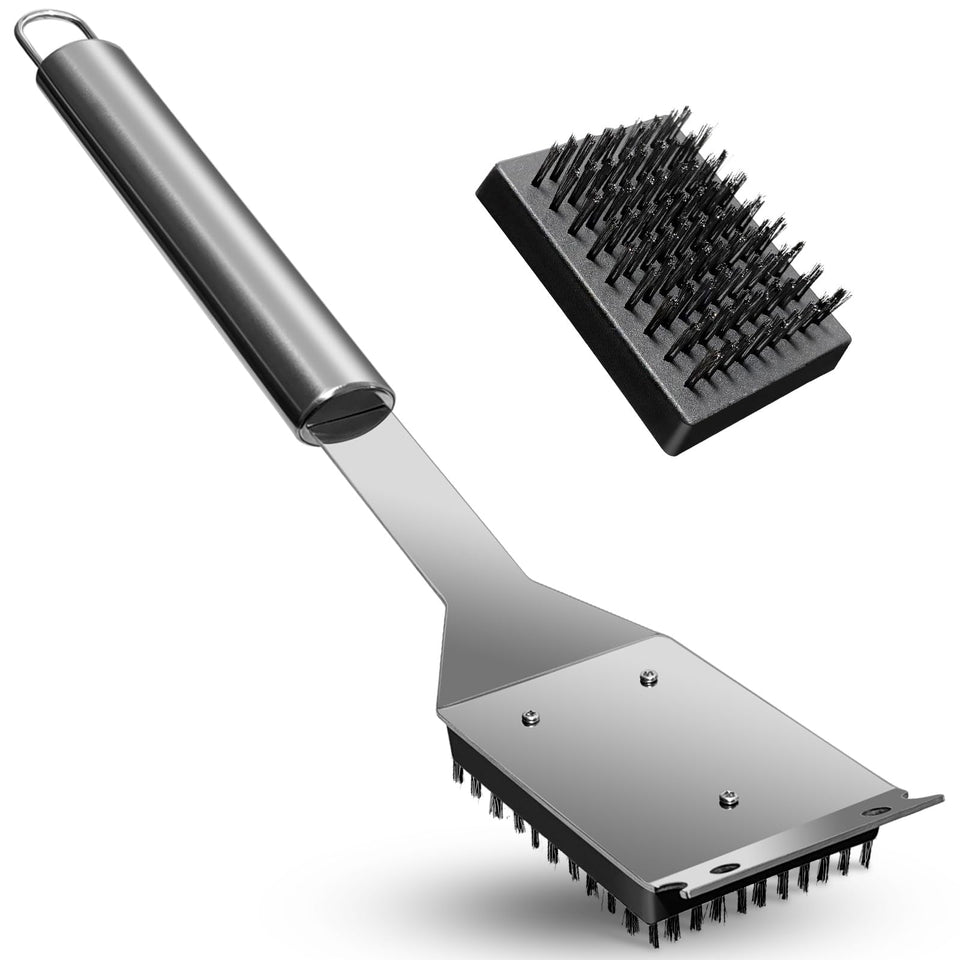 JLiup BBQ brush with stainless handle ready for quick, efficient grill grate cleaning.