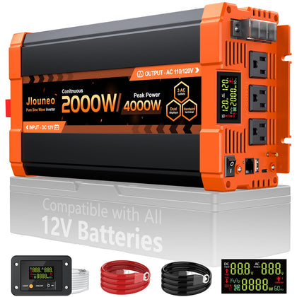 JLouneo 2000W pure sine wave inverter front view showing compact design and safety features.