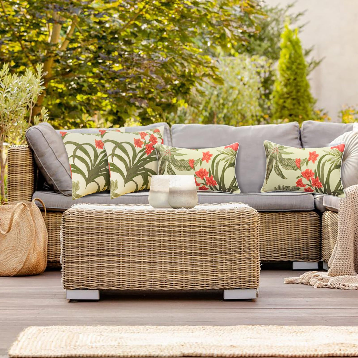 JMGBird grass-green outdoor pillow shown in a garden setup for versatile decor.