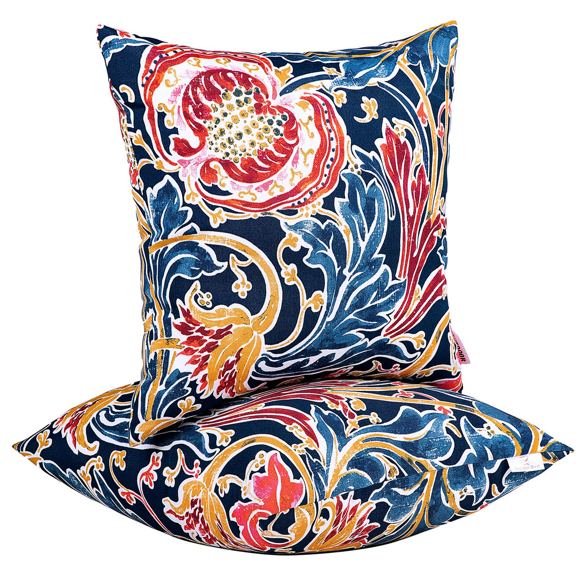 JMGBird outdoor pillows in blue with pomegranate pattern elevate patio decor.