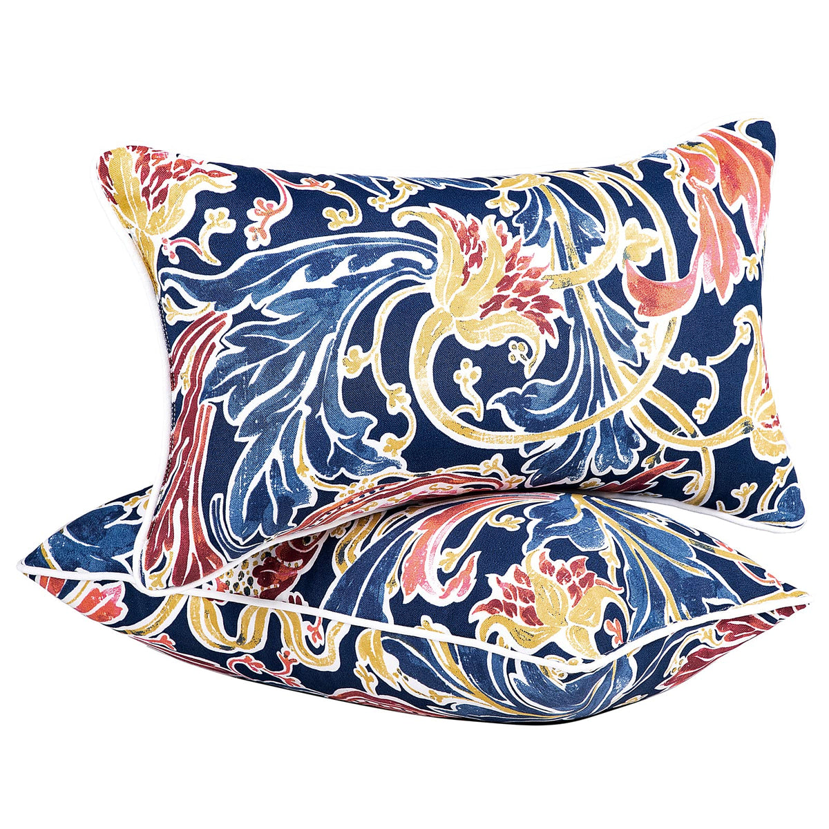 JMGBird water-resistant outdoor pillow set in blue with pomegranate pattern for patio styling