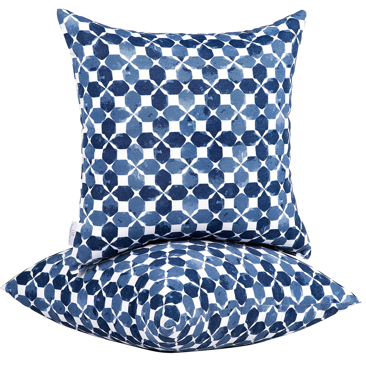 JMGBird waterproof outdoor pillow set on a white background with blue diamond petals, stylish patio decor.