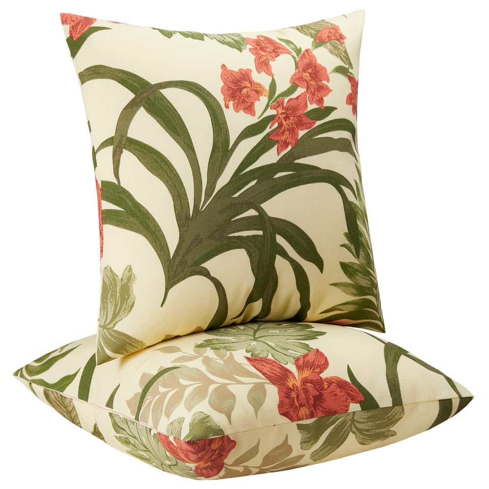 JMGBird weather-pillow front-view 18x18 showing red flowers on yellow to brighten patios.