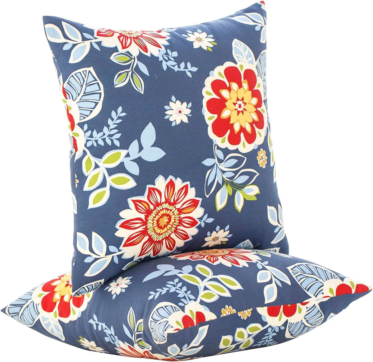 JMGBird weather-resistant outdoor pillows on a patio in red flowers against blue background, ideal for year-round decor.