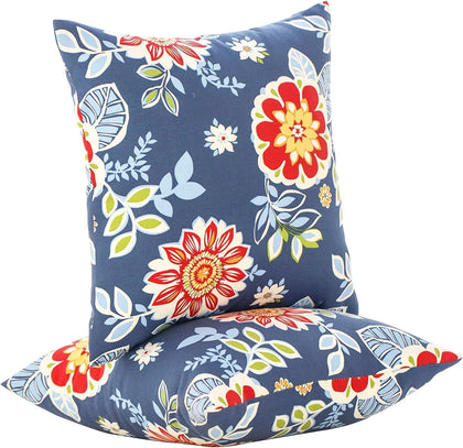 JMGBird weather-resistant outdoor pillows on a patio in red flowers against blue background, ideal for year-round decor.