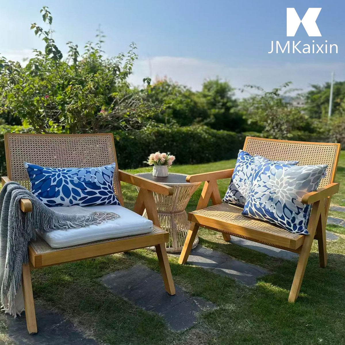 JMKaixin patio lounge arrangement using indoor-outdoor pillows