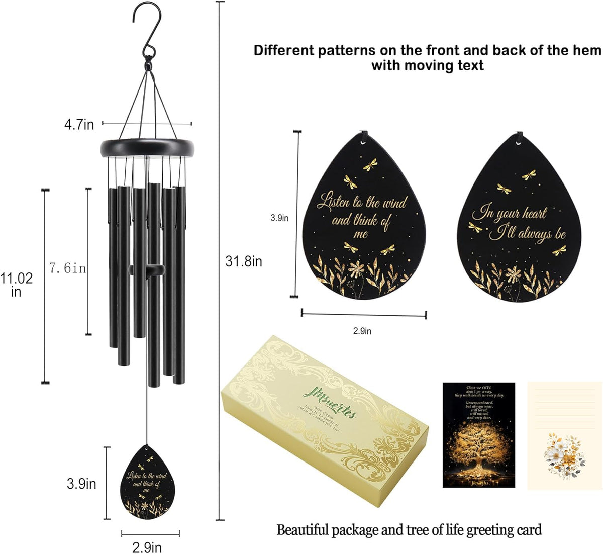 JMsuertes bronze-finish wind chime enhances garden or patio with elegant memorial style.