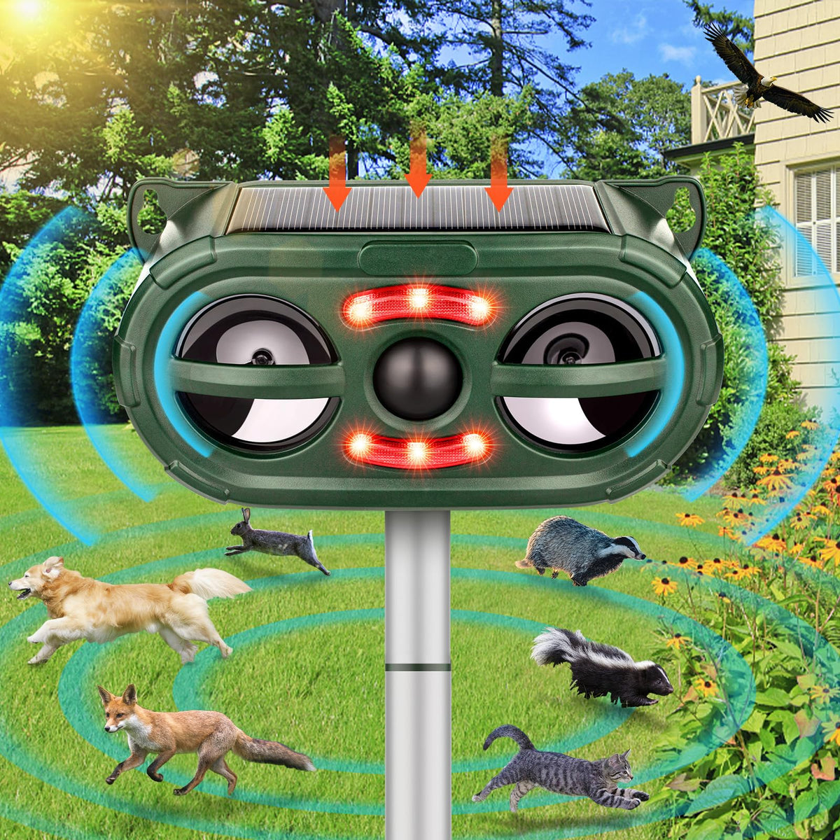 JNKNT Animal Repeller with solar panel protects outdoor spaces