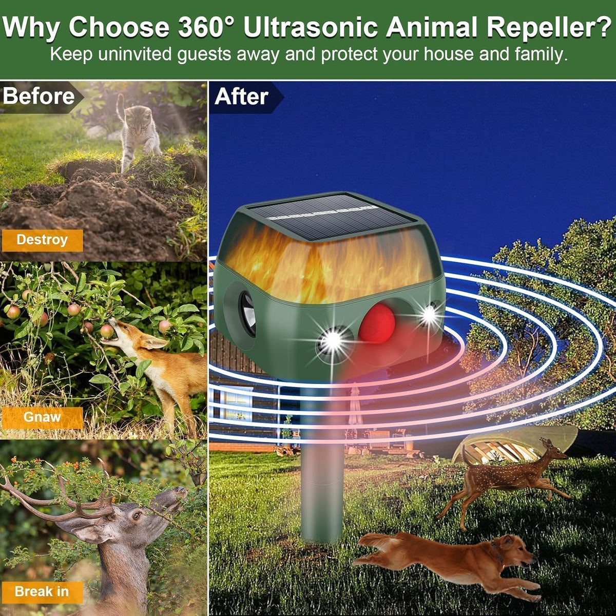 JNKNT flame light at night visually deters intruders and wildlife without loud noises