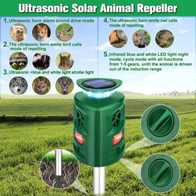 JNKNT Solar Ultrasonic Animal Repellent 360° sensors provide full coverage.