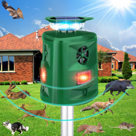 JNKNT Solar Ultrasonic Animal Repellent front view for humane yard protection.