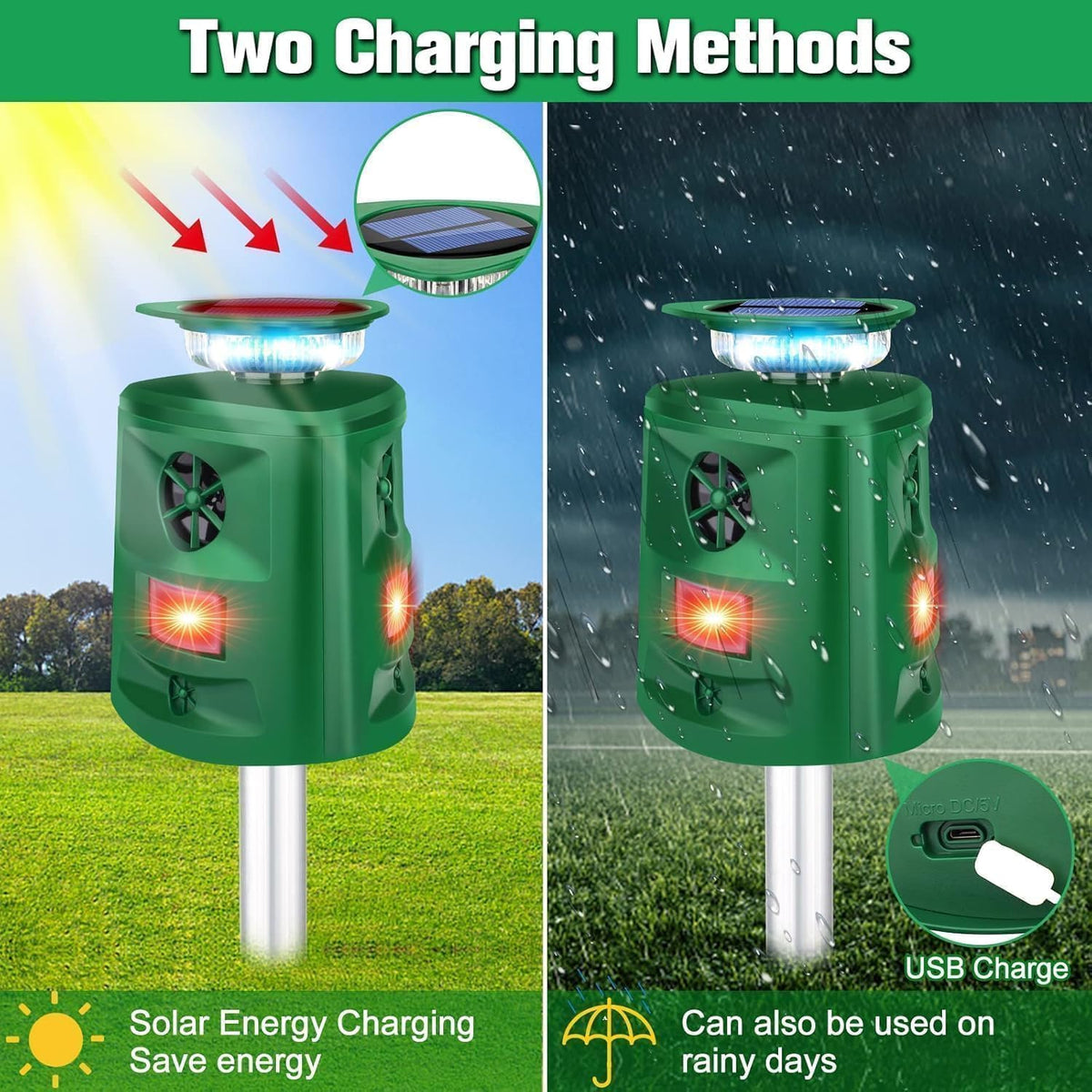 JNKNT Solar Ultrasonic Animal Repellent installation site in sunny yard.