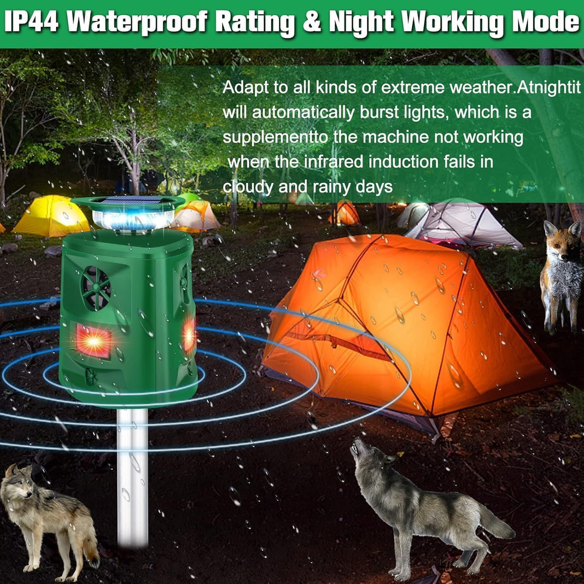 JNKNT Solar Ultrasonic Animal Repellent IP66 waterproof rating protects performance.