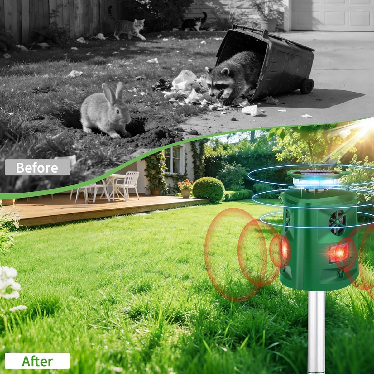 JNKNT Solar Ultrasonic Animal Repellent top-angle view demonstrates compact design.