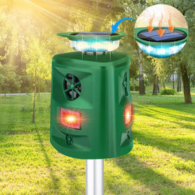 JNKNT Solar Ultrasonic Animal Repellent USB backup ensures power.