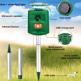 JNKNT Solar Ultrasonic Animal Repellent in-use yard scene deters pests.