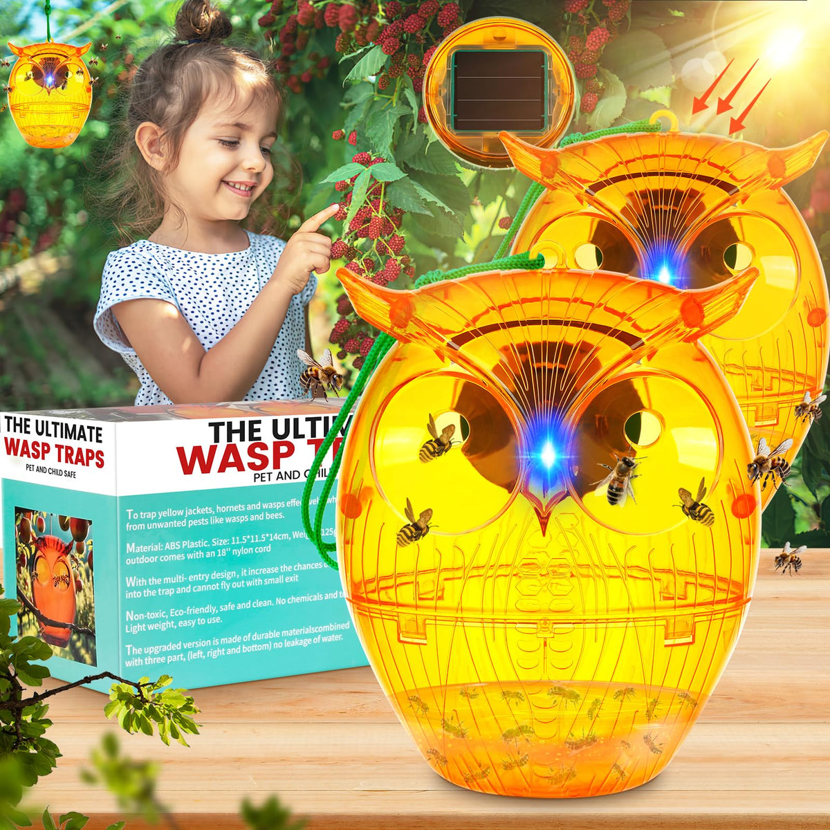 JNKNT owl-shaped solar wasp trap deters garden pests.