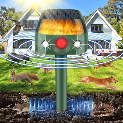 JNKNT Ultrasonic Animal Repellent Outdoor front view deters deer and raccoons softly at night
