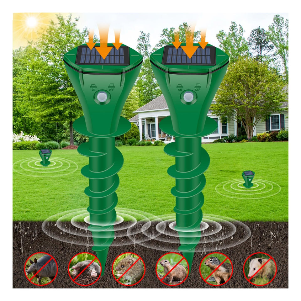JNKNT Ultrasonic Mole Repellent Outdoor 2-Pack in dark green protects lawns safely.