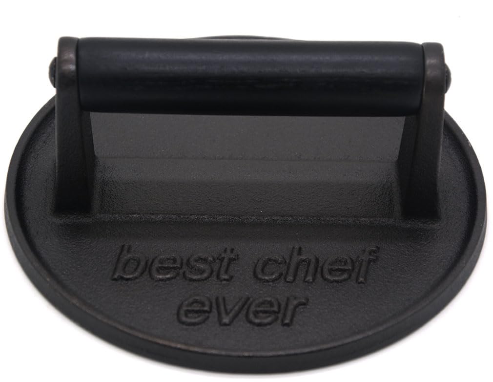 JNXHON Best Chef Ever grill press with wooden handle, safe and even contact for burgers.