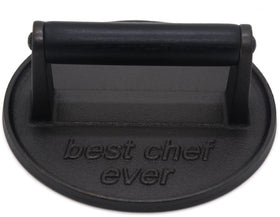 JNXHON Best Chef Ever grill press with wooden handle, safe and even contact for burgers.