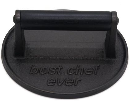 JNXHON Best Chef Ever grill press with wooden handle, safe and even contact for burgers.