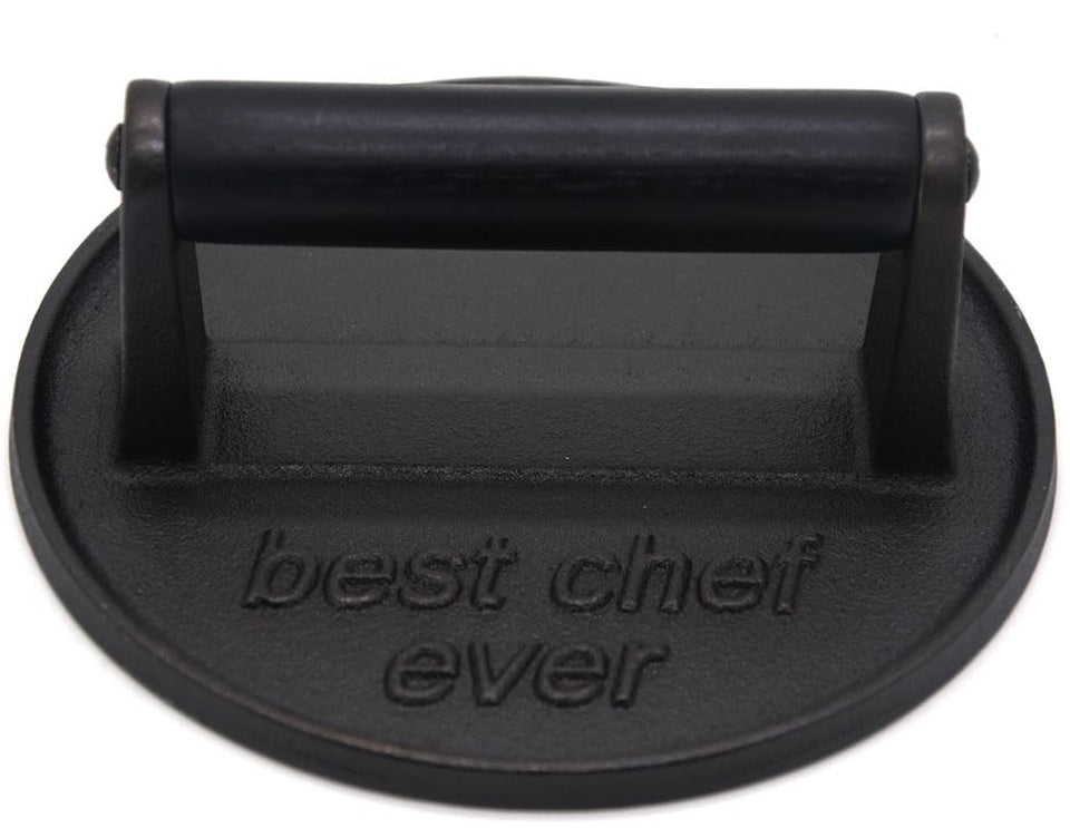 JNXHON Best Chef Ever grill press with wooden handle, safe and even contact for burgers.