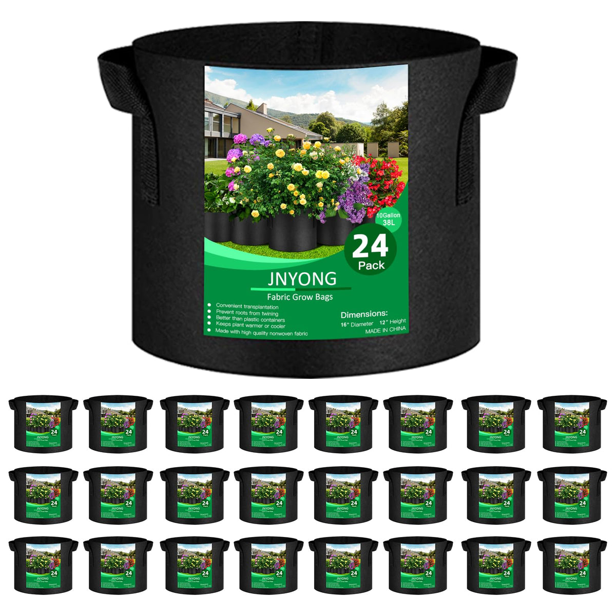 JNYONG 24-pack 10 gallon grow bags show thickened non-woven fabric for durable long-lasting use.