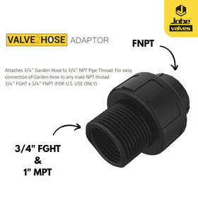 Jobe Valves J-ADF110 adaptor showing 3/4 in NPT to garden hose end
