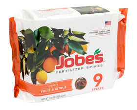 Jobe's Fruit & Citrus Fertilizer Spikes package for steady root feeding.